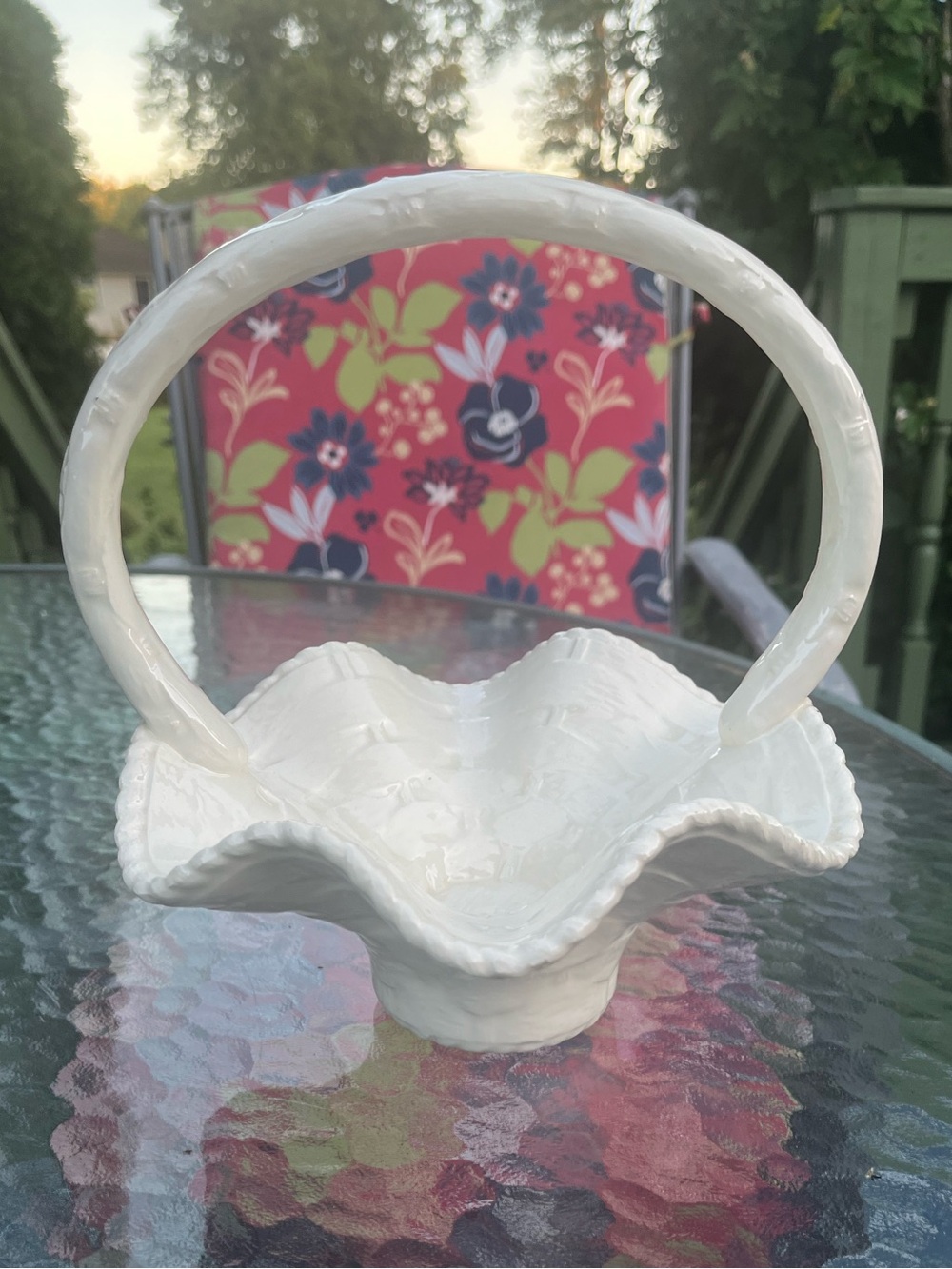 Vintage Fenton White Milk Glass Woven Basketweave Ruffled Dish